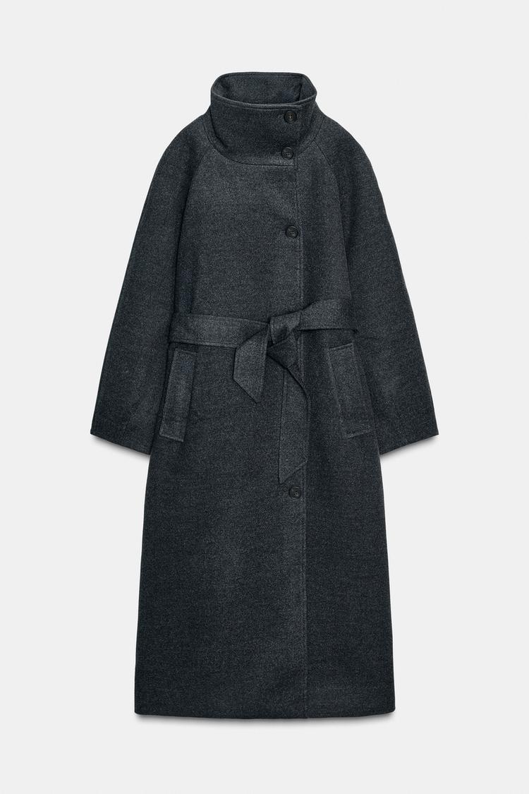 Soft belted coat with stand-up collar