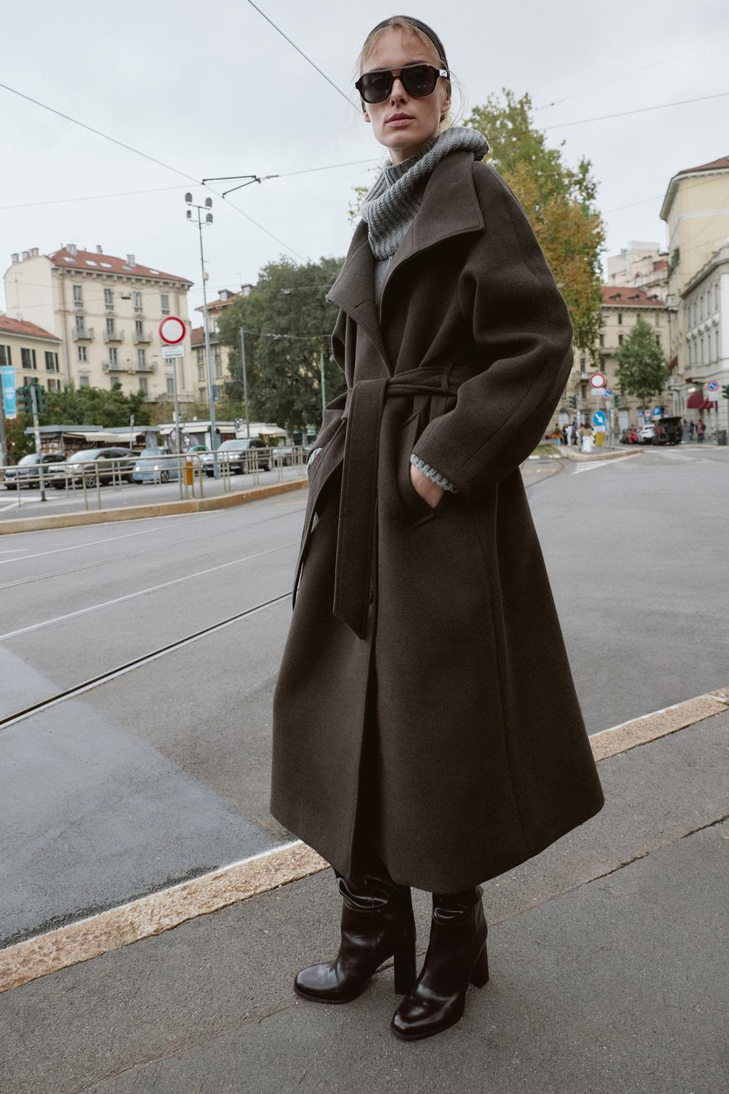Soft belted coat with stand-up collar