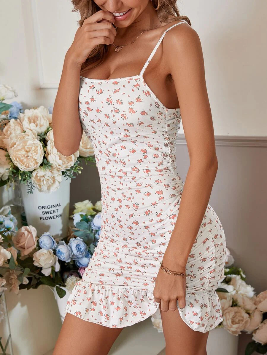 Luna Bloom Mini Dress – Ruched Floral Elegance