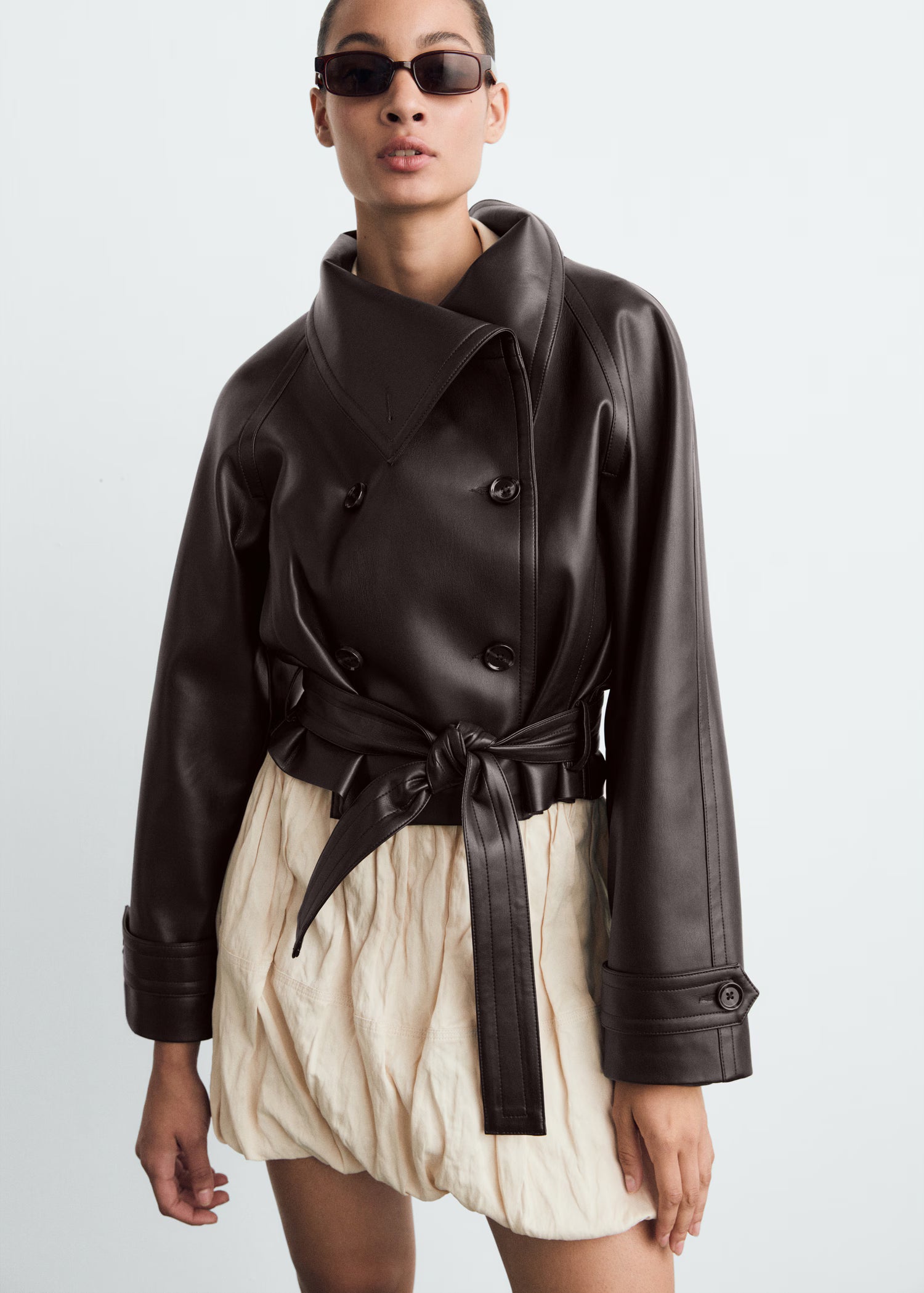 Maxi-jacket with leather-effect lapels