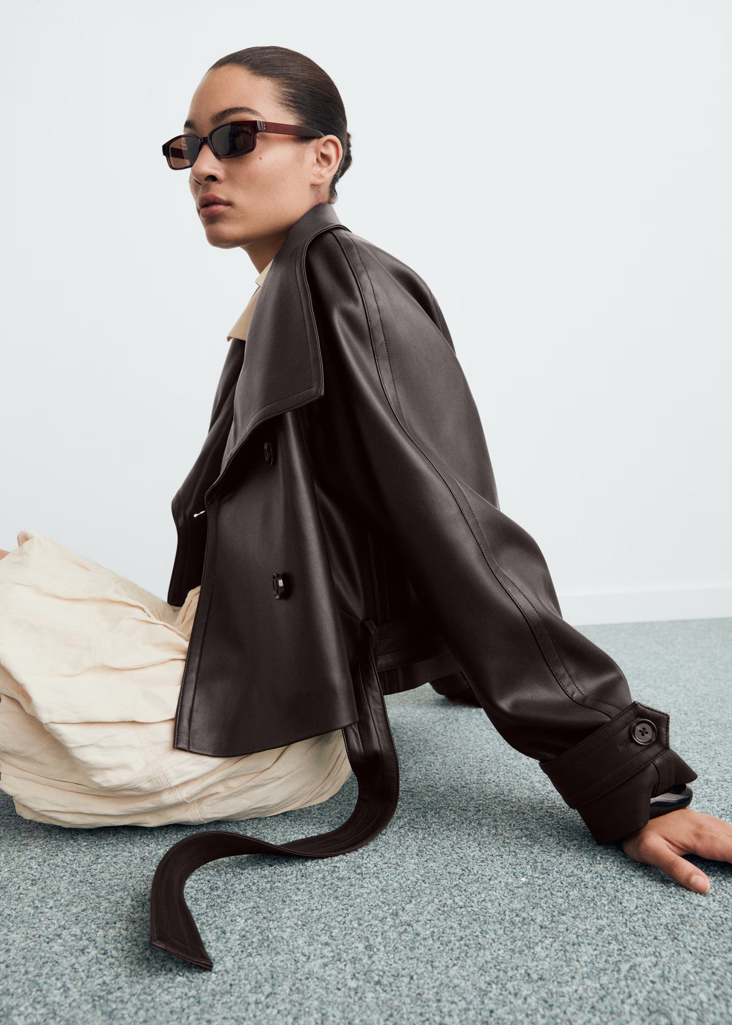 Maxi-jacket with leather-effect lapels