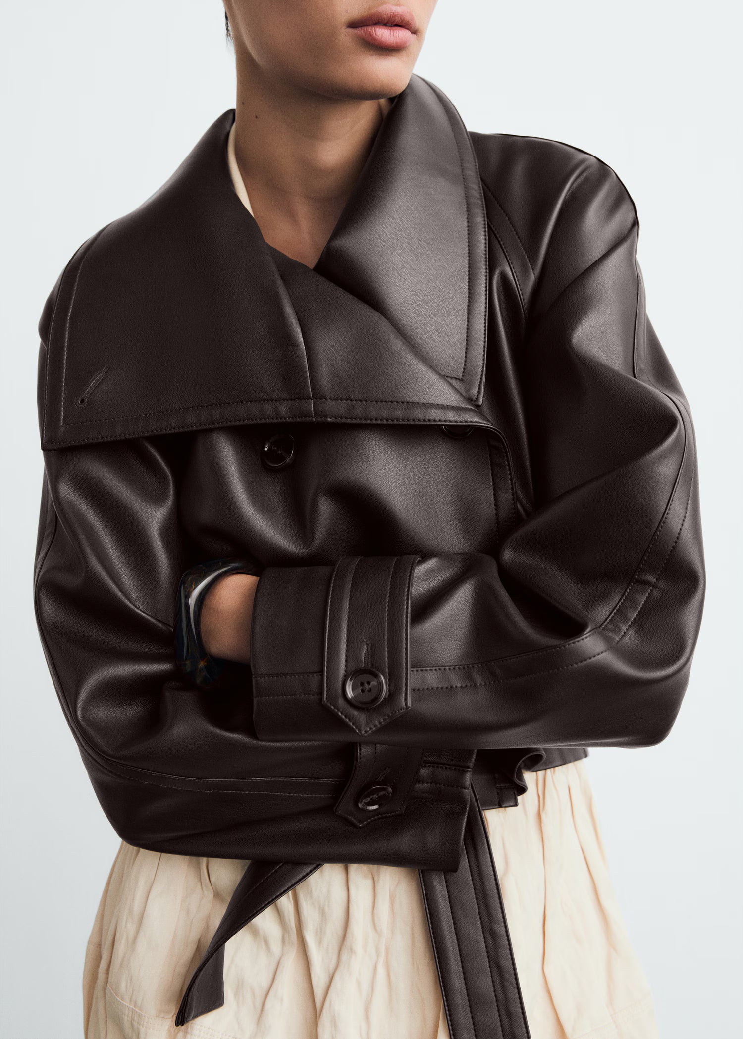 Maxi-jacket with leather-effect lapels