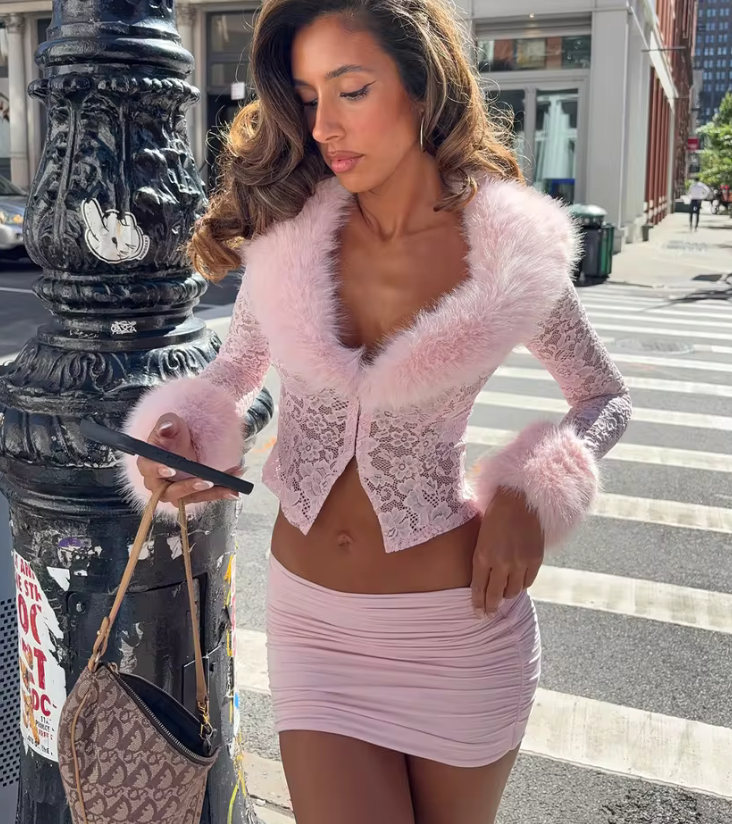 Faux Fur-Trim Lace Cardigan Set