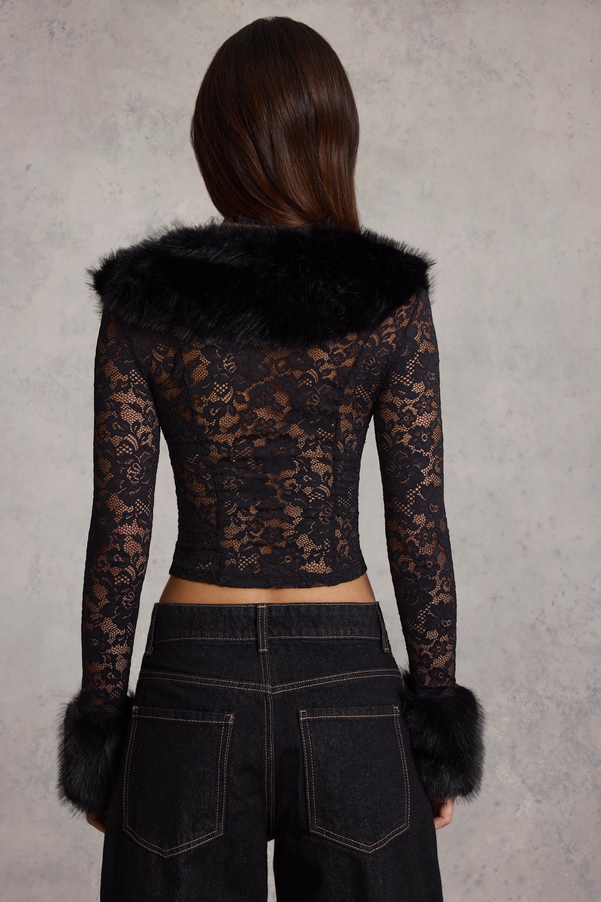 Faux Fur-Trim Lace Cardigan Set