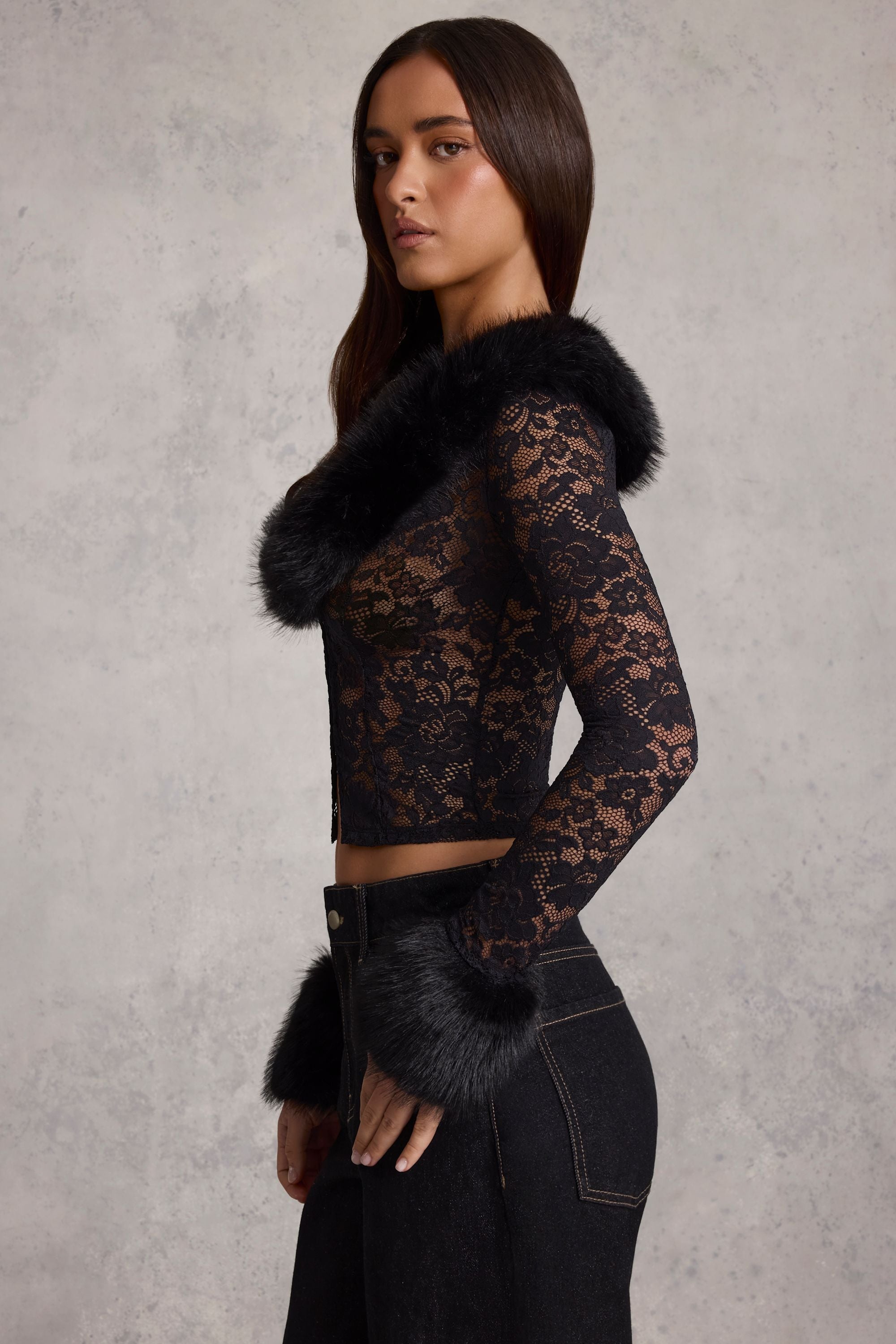 Faux Fur-Trim Lace Cardigan Set