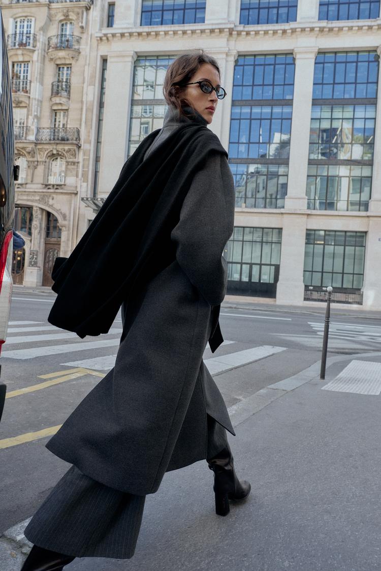 Soft belted coat with stand-up collar