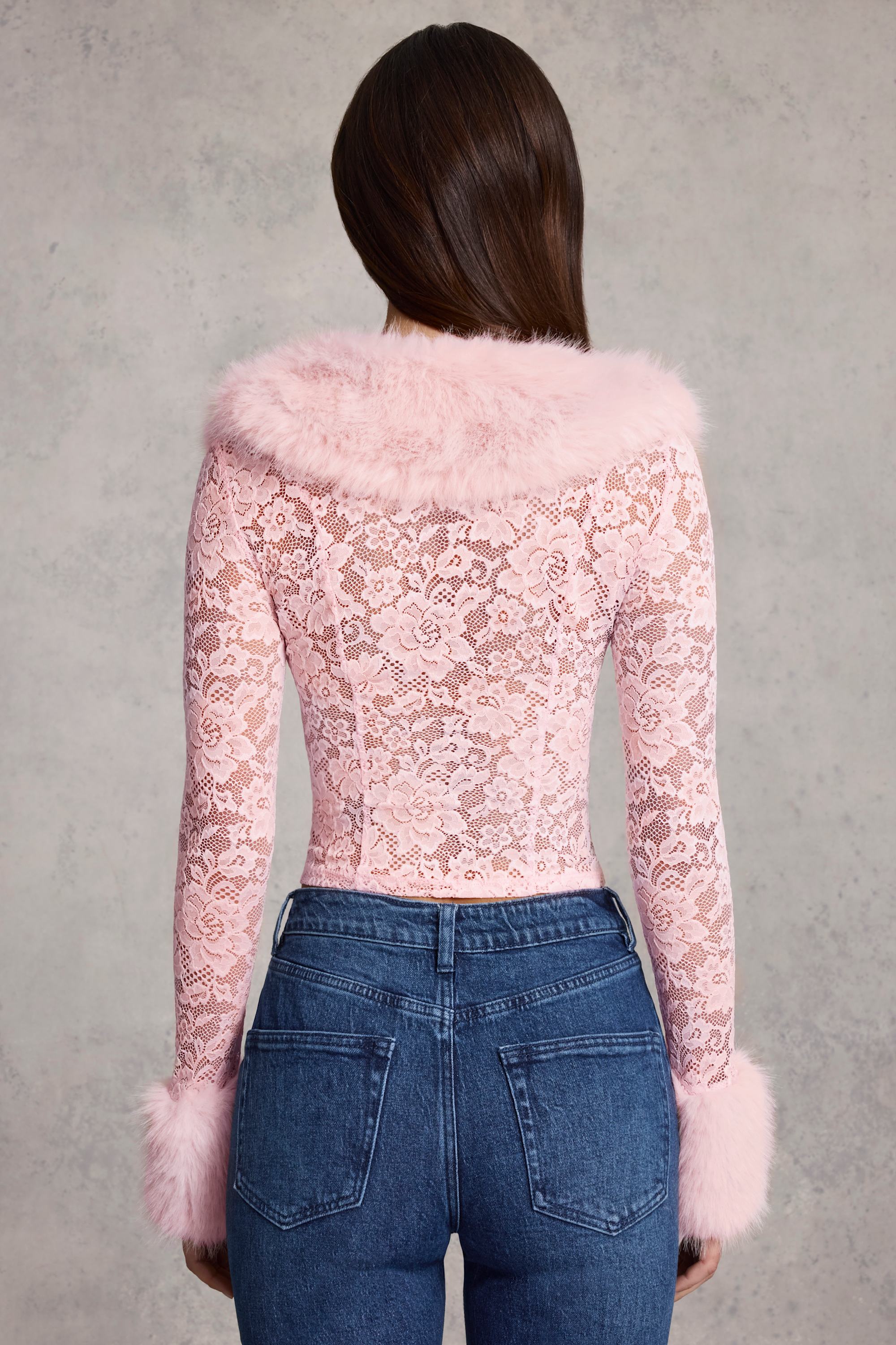 Faux Fur-Trim Lace Cardigan Set